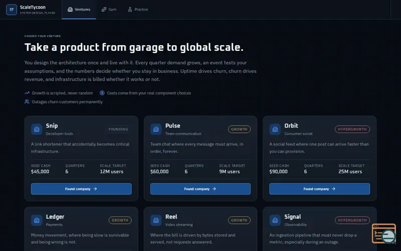Screenshot of ScaleTycoon · Grow a system, survive the scale