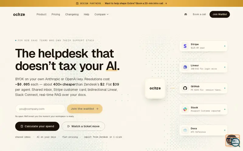 Screenshot of Ochre Helpdesk - No more Zenesk Tax, a launch using Produl