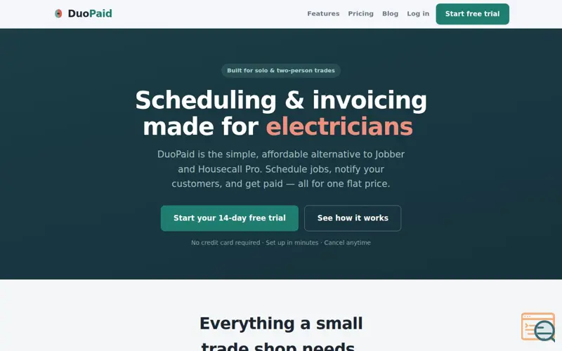 Screenshot of DuoPaid — Simple Scheduling & Invoicing for Solo & 2-Person Trades