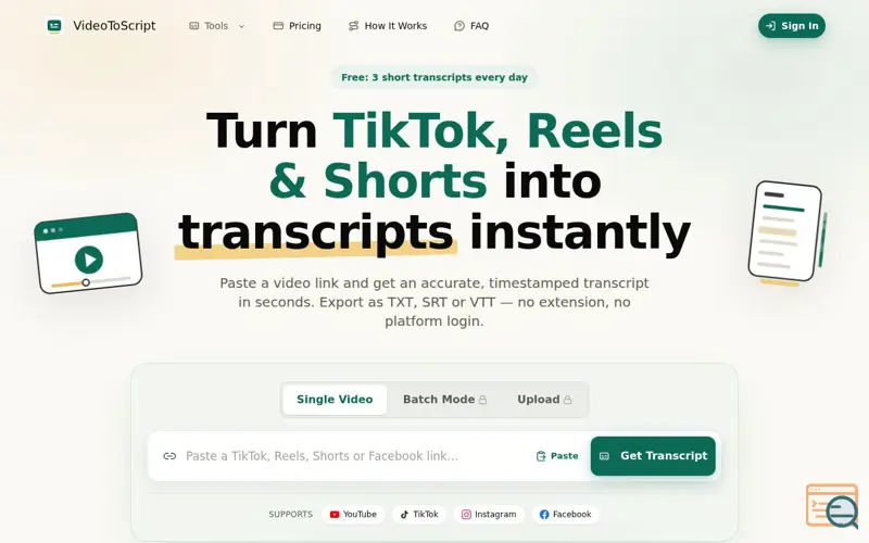 Screenshot of VideoToScript — Free TikTok, Reels & Shorts Transcript Generator, a launch using NavFolders