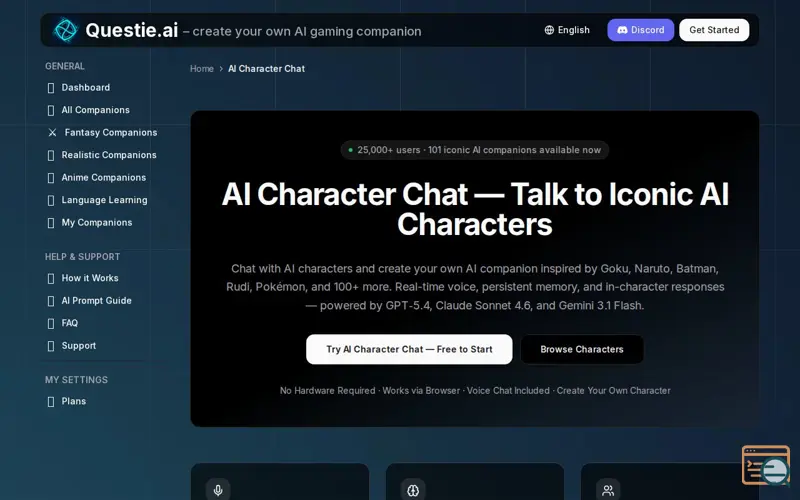 Screenshot of Questie: AI Game Character Chat, a launch using Foundr