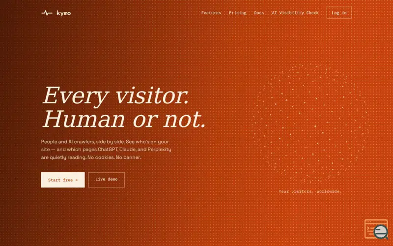 Screenshot of Kymo — cookieless analytics that see what AI sees
