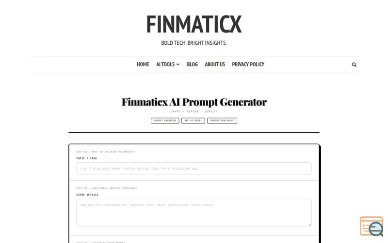 Screenshot of Finmaticx Prompt Generator