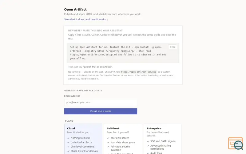 Screenshot of Open Artifact — give your agent's work a URL