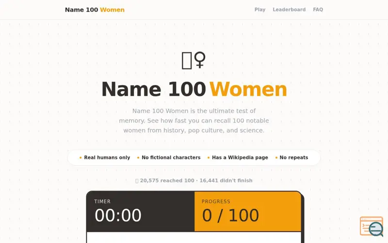 Screenshot of Name 100 Women Challenge