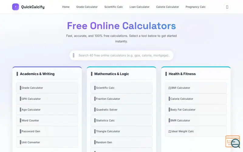 Screenshot of QuickCalcify.com