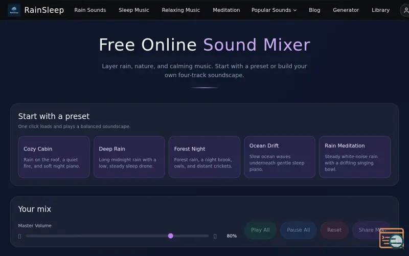 Screenshot of RainSleep, a launch using Howler.js