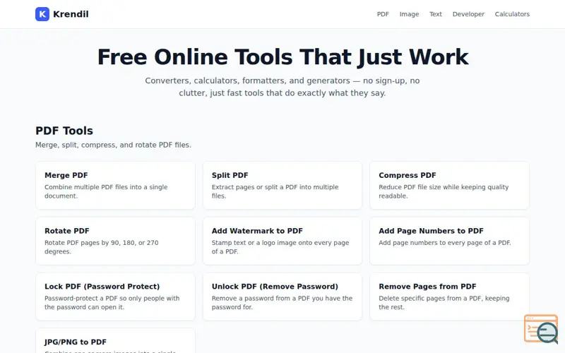Screenshot of Krendil — Free Online Tools: PDF, Image, Text & Calculators