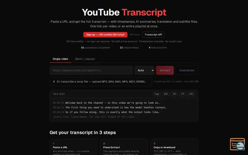 Screenshot of YouTube AI Summarizer and Transcripts
