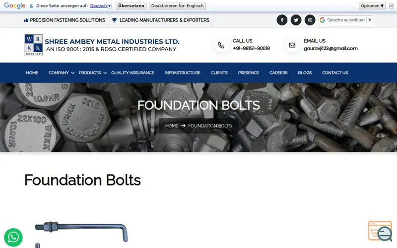 Screenshot of foundation bolts manufacturer