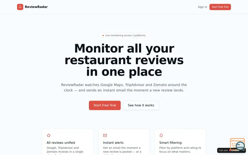 Screenshot of ReviewRadar 