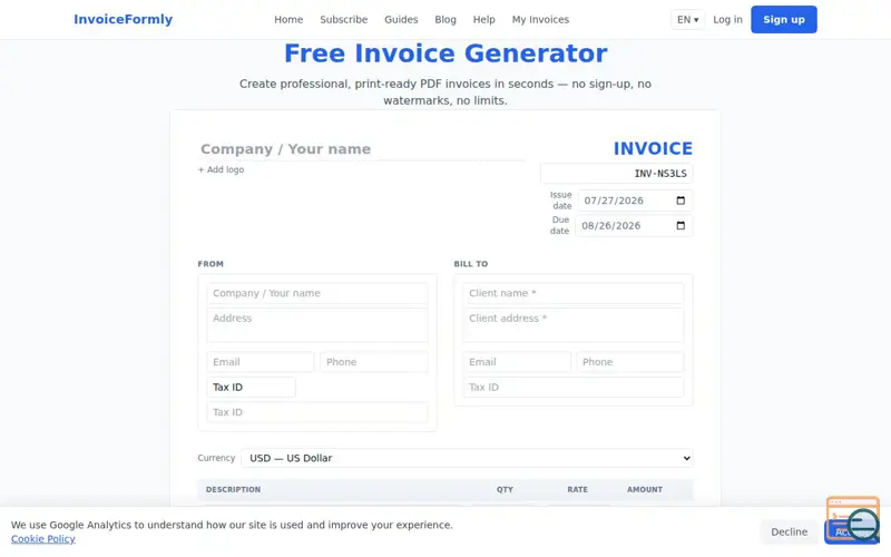 Screenshot of InvoiceFormly