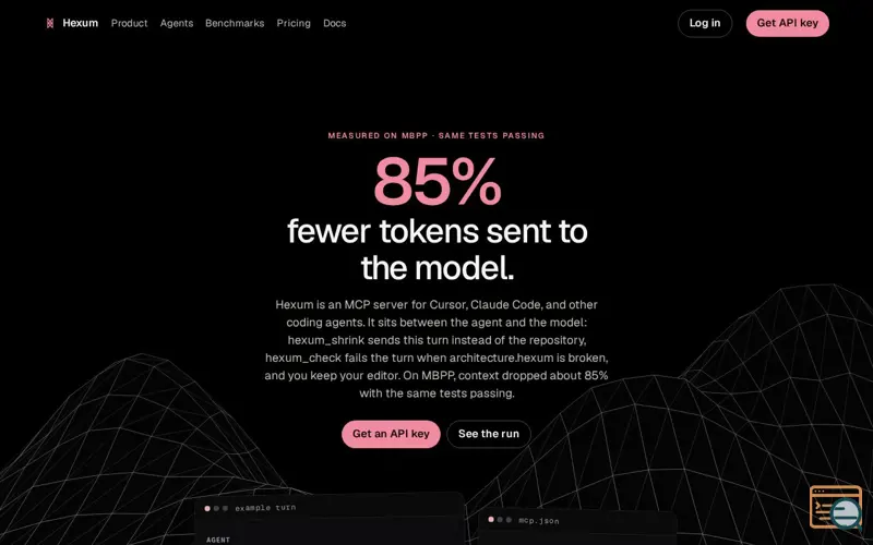 Screenshot of Hexum — 85% fewer tokens to the model