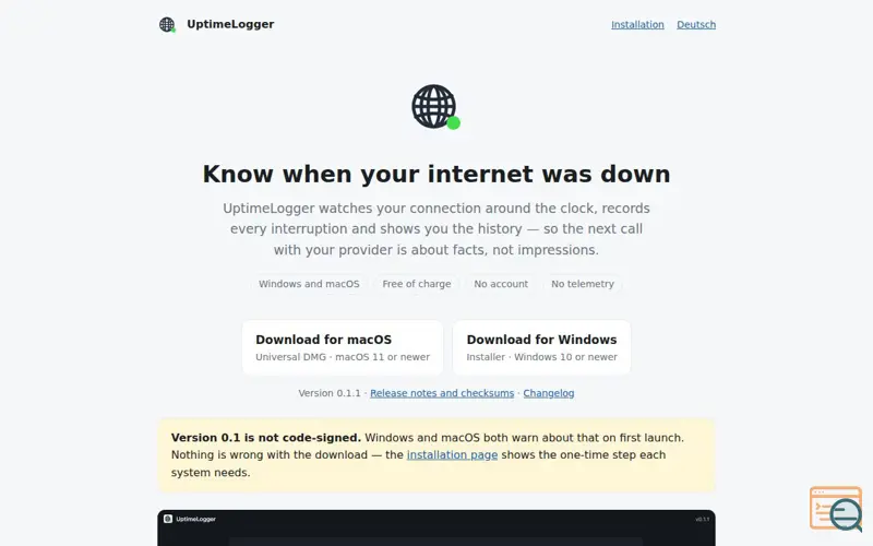 Screenshot of UptimeLogger