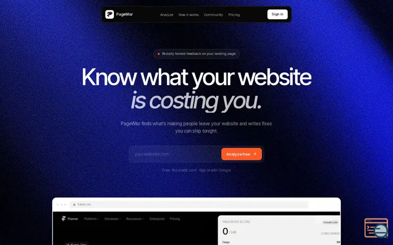 Screenshot of PageWisr — Know what your website is costing you.