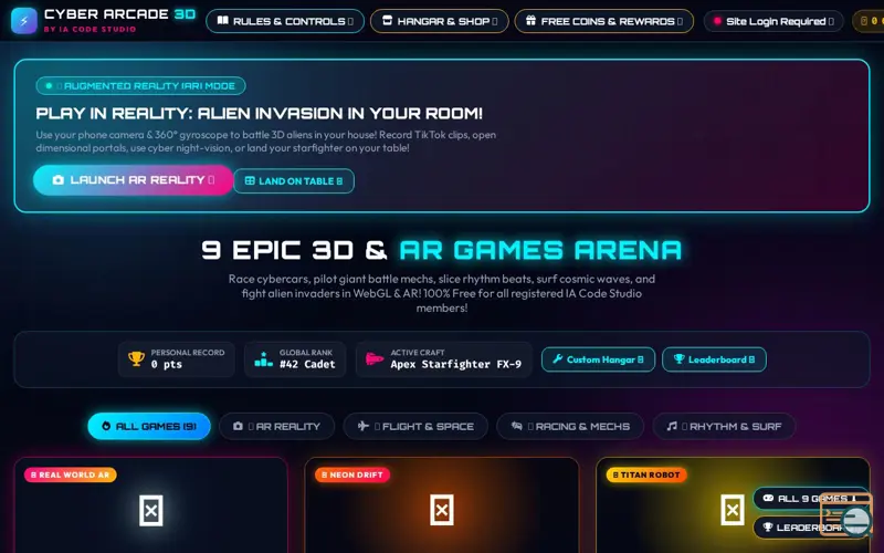 Screenshot of CYBER ARCADE 3D ARENA — WebGL & AR Games