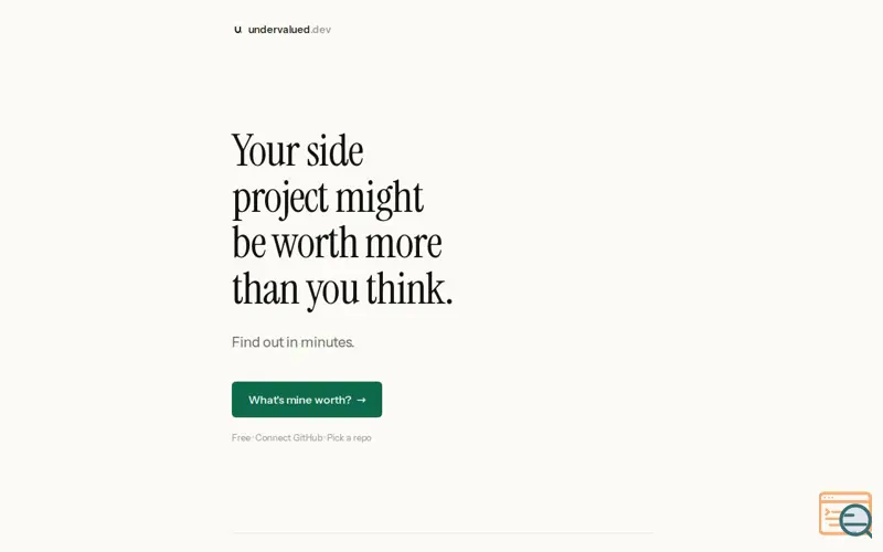 Screenshot of undervalued.dev — what's your side project worth?
