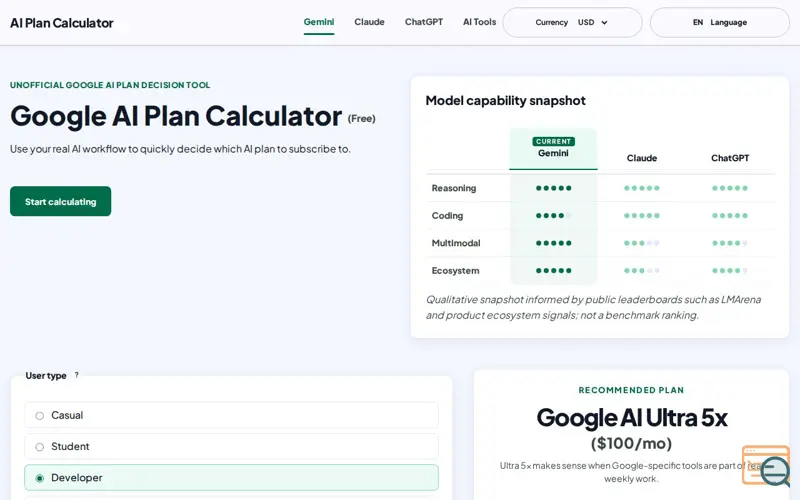 Screenshot of AI Plan Calculator