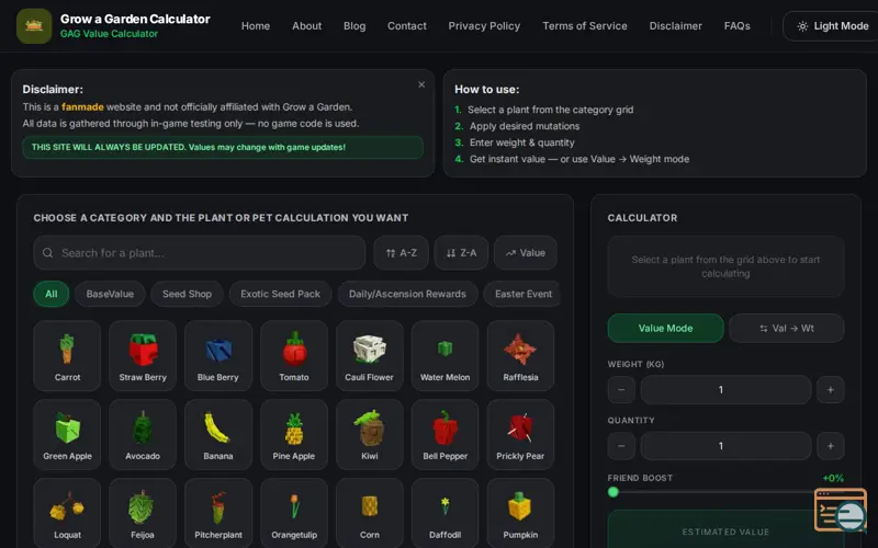 Screenshot of Grow a Garden Calculator