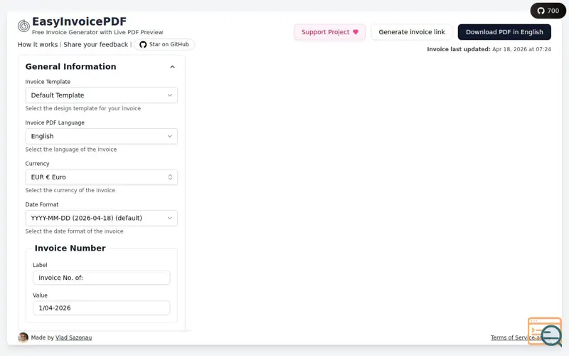 Screenshot of EasyInvoicePDF