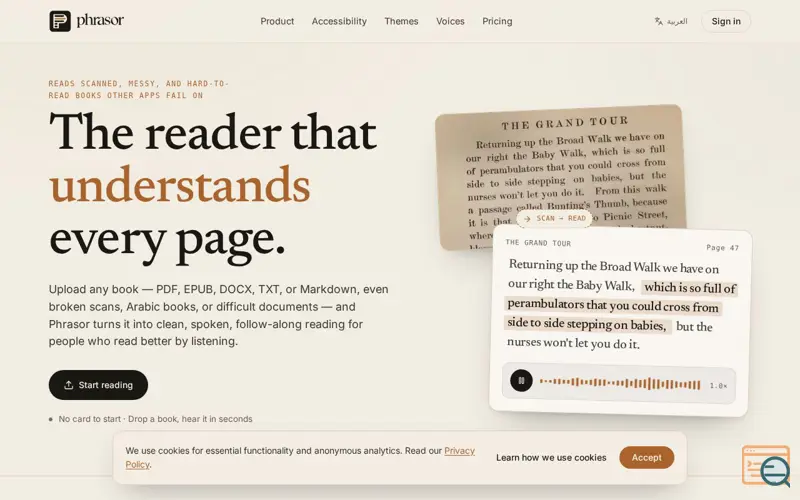 Screenshot of Phrasor — Turn any book into an audiobook, a launch using Google Cloud AI