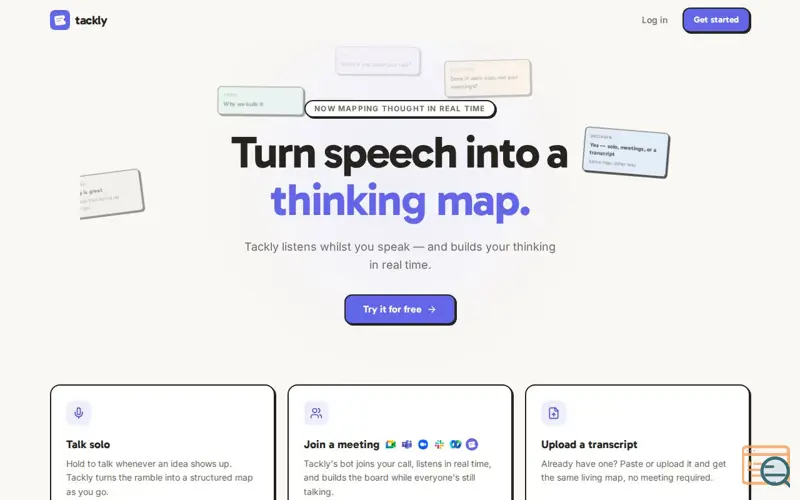 Screenshot of Tackly — the AI notetaker that maps your thinking, not just your transcript