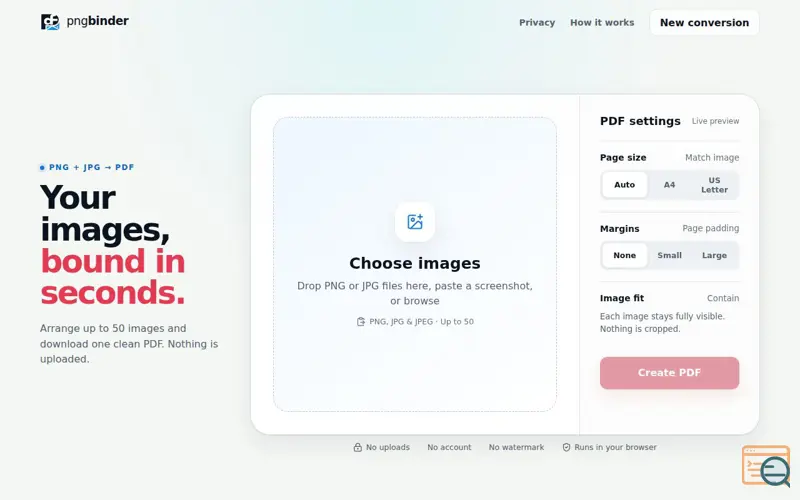 Screenshot of PNG to PDF – Convert & Combine PNG Images Free | PNG Binder