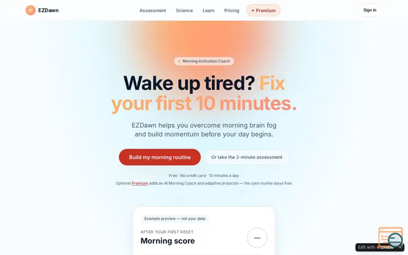 Screenshot of EZDawn — Wake up tired? Fix your first 10 minutes.