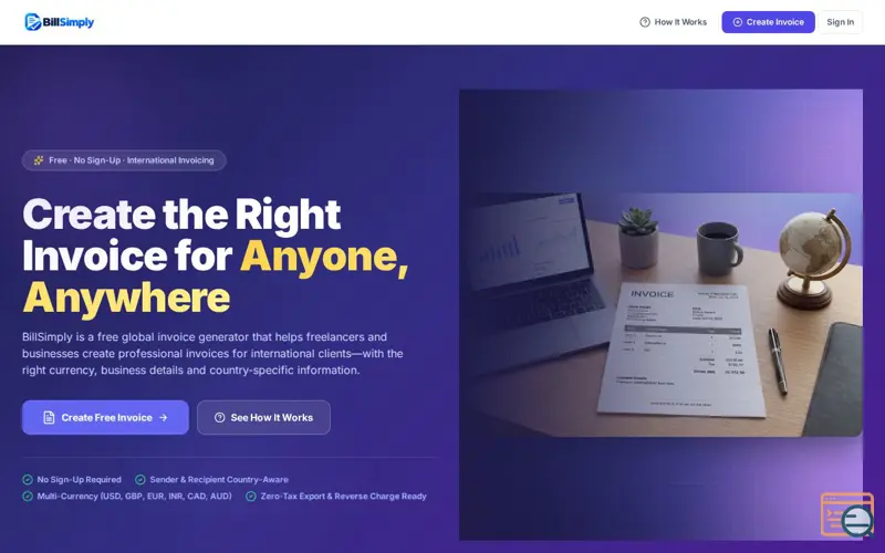 Screenshot of Global Invoice Generator – Create Free Invoices | BillSimply