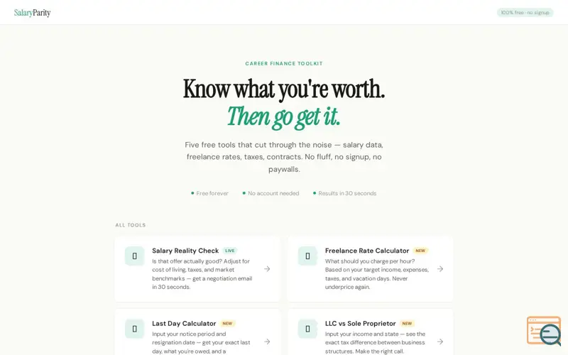 Screenshot of SalaryParity — Free Career Finance Tools