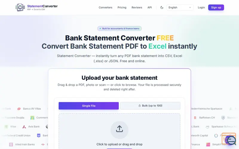 Screenshot of Bank Statement Converter — PDF to Excel, CSV & JSON | Statement Converter