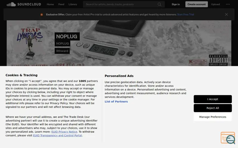 Screenshot of SoundCloud, a launch using Aditude
