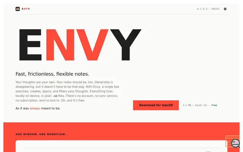 Screenshot of Envy: a fast, flat-file note-taking app for macOS