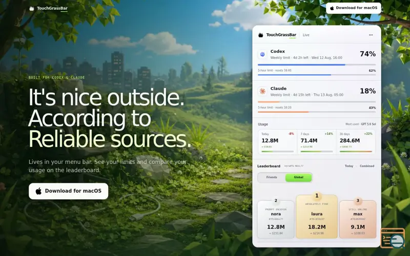 Screenshot of TouchGrassBar — Codex & Claude Usage in Your Menu Bar