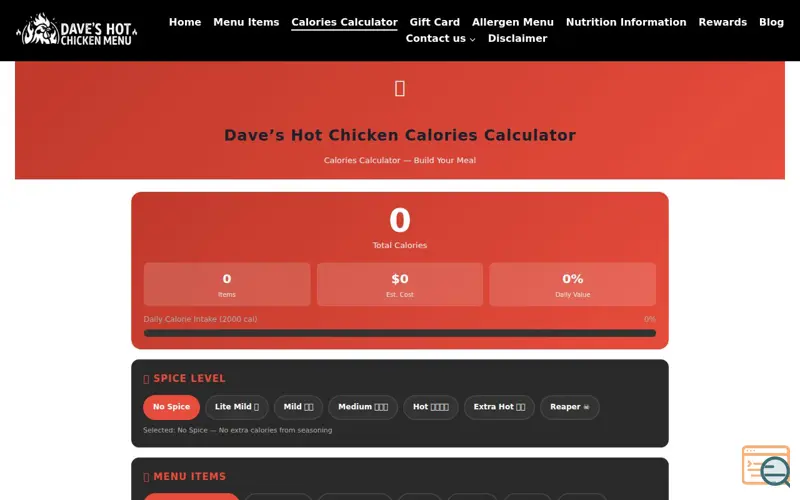 Screenshot of Dave’s Hot Chicken Calories Calculator
