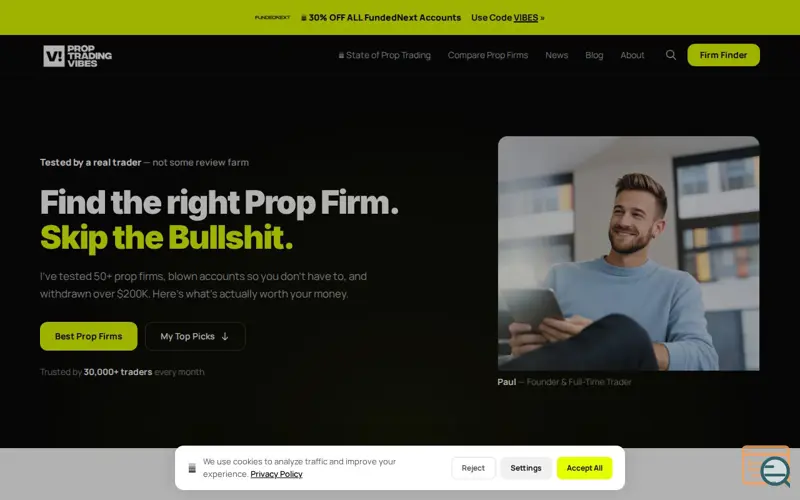 Screenshot of proptradingvibes, a launch using UDAG