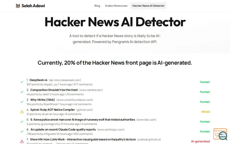 Screenshot of Hacker News AI Detector