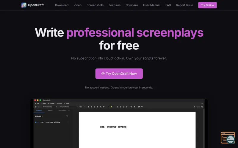 Screenshot of OpenDraft — Free Screenwriting Software