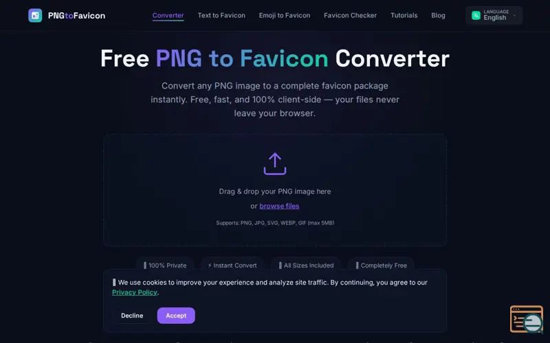 Screenshot of PNG to Favicon Converter — Free Online Tool | PNGtoFavicon