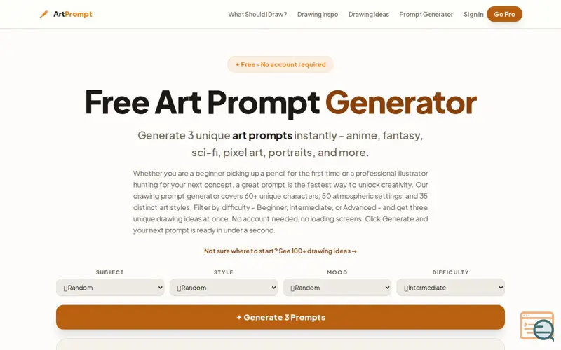 Screenshot of Free Art Prompt Generator
