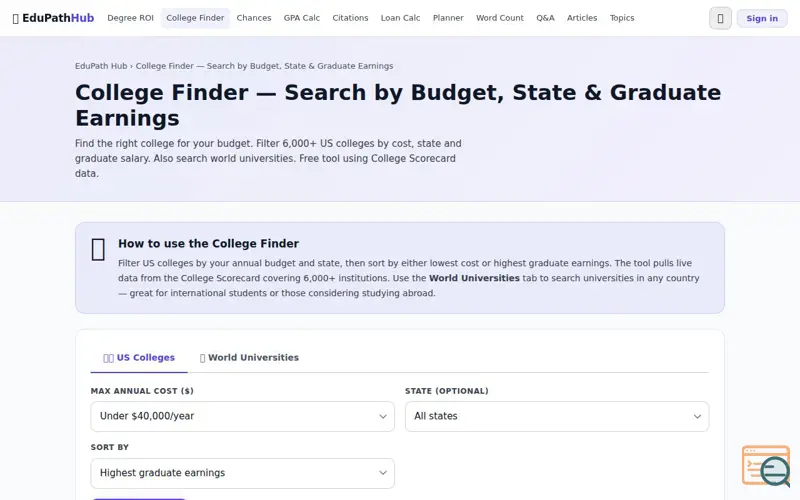 Screenshot of College Finder