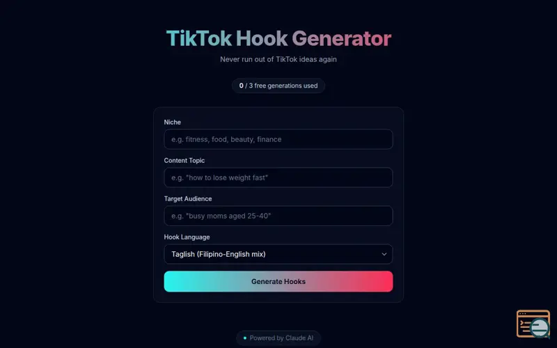Screenshot of TikTok Hook Generator