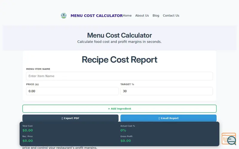 Screenshot of Menu Cost Calculator