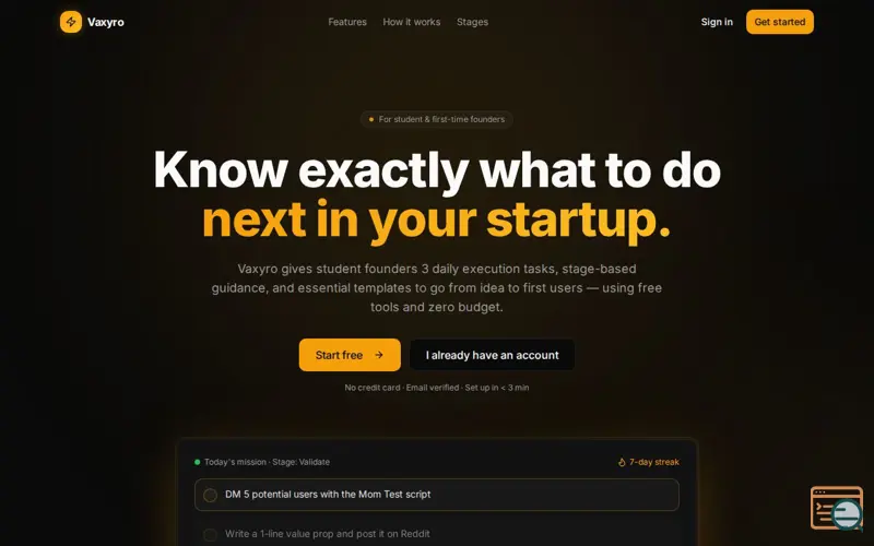 Screenshot of Vaxyro — Startup Execution OS