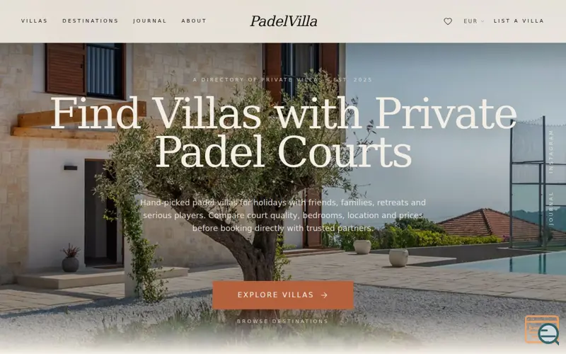 Screenshot of PadelVilla, a launch using Stay22