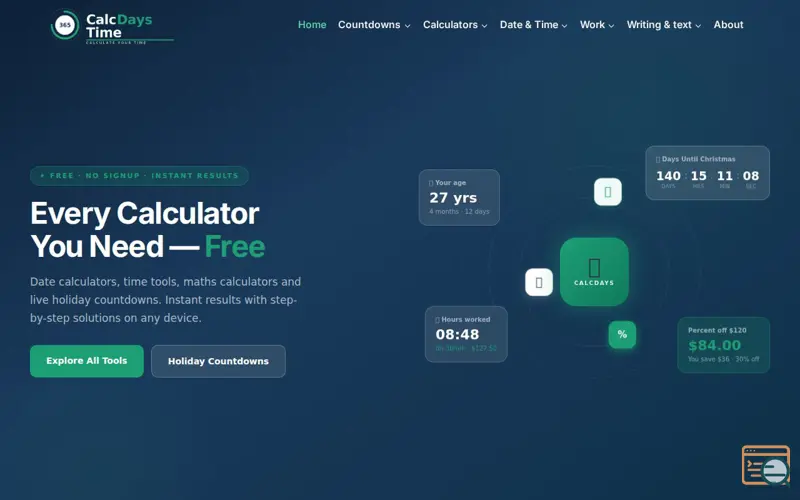 Screenshot of calcdaystime.com, a launch using Kadence