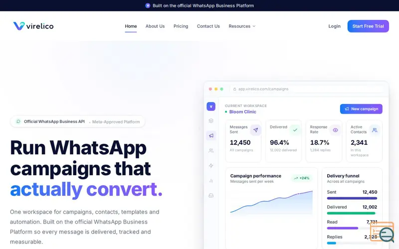 Screenshot of Virelico — WhatsApp Business Growth Platform