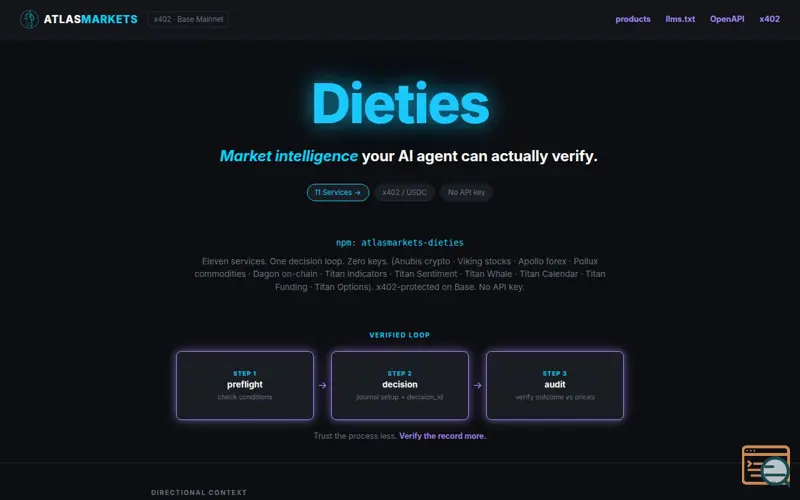 Screenshot of AtlasMarkets, a launch using x402