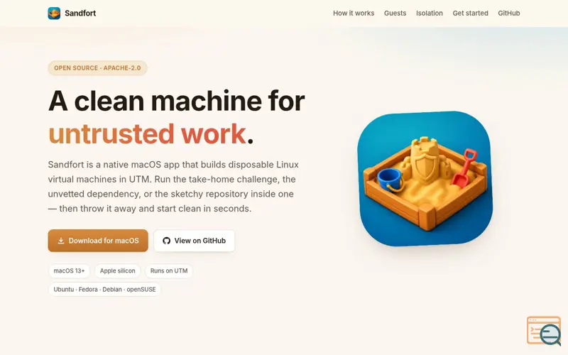 Screenshot of Sandfort — a clean machine for untrusted work