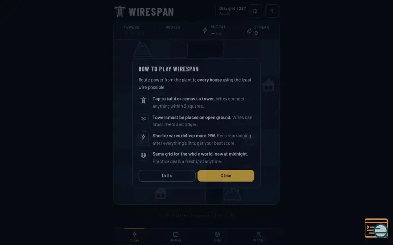 Screenshot of Wirespan · the daily power-line puzzle